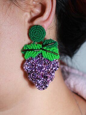 Artisan Handmade Shine Green Purple Grape Design Summer Jewelry Tone Earring